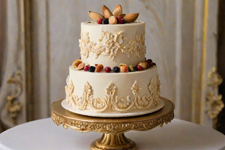 Create an image of a beautifully decorated cake on an ornate cake stand. The cake should have a floral design on top, with a light golden color and sliced almonds around the sides. There should be a slice taken out, revealing layers with a rich berry filling. The background should be softly lit with elegant drapery and a hint of greenery, creating a warm and inviting atmosphere.