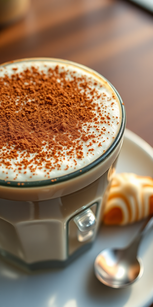 Close-up of a frothy cappuccino topped with cocoa powder, soft light reflecting off the creamy surface, with a decorative pastry resting on a small plate beside it.