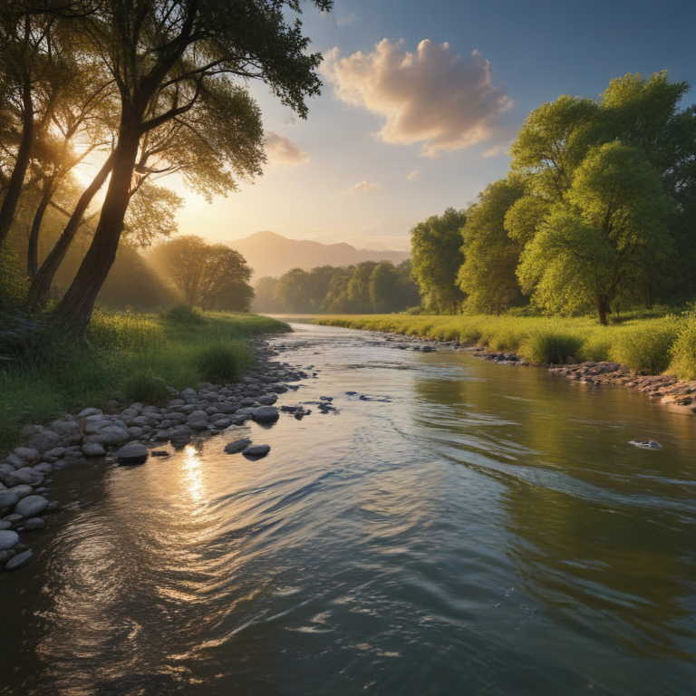 Serene River Landscape at Sunrise Surrounded by Lush Greenery and Trees
