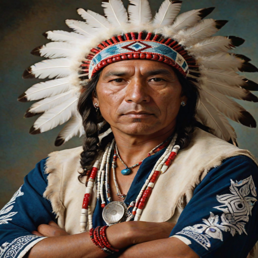 Create a dignified portrait of a Native American man dressed in traditional attire. He wears a beautifully crafted headdress adorned with white feathers and red beads, along with a beaded headband featuring intricate patterns. His clothing includes a deep blue, patterned shirt and a traditional chest piece with detailed beadwork. His arms are crossed, displaying leather armbands decorated with feathers. The background is simple and neutral, emphasizing his proud and stoic expression. The overall image captures the rich cultural heritage and strength of his persona.