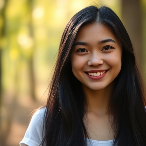 portrait of a smiling young woman with long black hair in a soft focus forest background, natural lighting, shallow depth of field, DSLR camera, f/1.8 aperture, 85mm lens, ISO 100, golden hour lighting