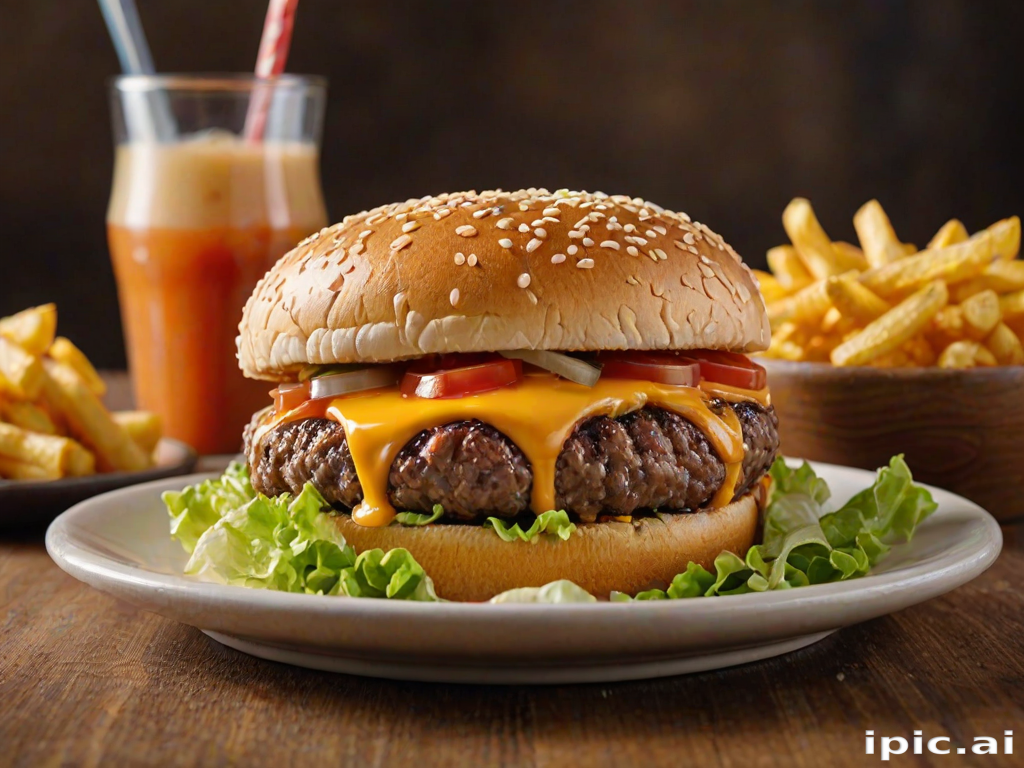 High-resolution, close-up image of a gourmet double cheeseburger. The burger features a glossy, sesame-seed-topped brioche bun. Inside, there are two thick, juicy beef patties, each topped with melted cheddar cheese. The burger is garnished with fresh lettuce, tomato slices, diced onions, and pickles. A generous amount of ketchup and a creamy, orange-colored sauce is dripping down the sides, adding to the mouth-watering appeal. In the background, there are blurred elements including a side of golden French fries and a hint of a beverage, enhancing the overall presentation of a delicious meal.