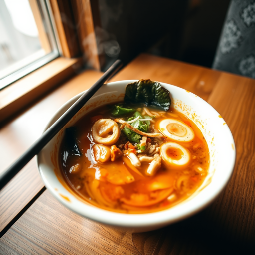 Close-up of a steaming bowl of ramen on a wooden table, soft natural light from a nearby window illuminating the rich broth and toppings, with chopsticks resting on the edge of the bowl.