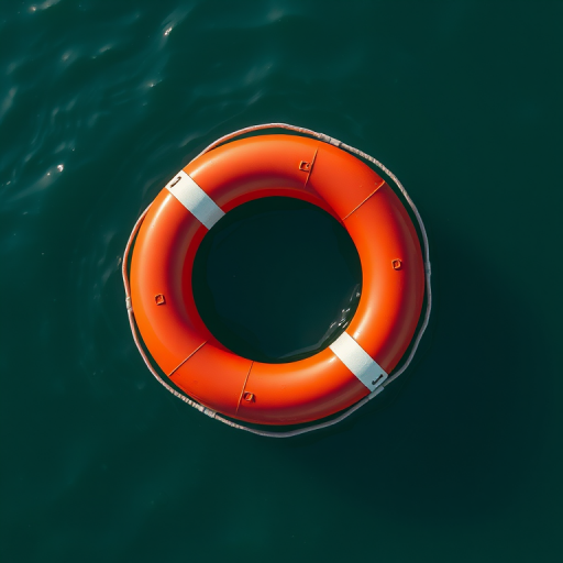 generate a high-resolution image of a lifebuoy floating on a rippling green body of water, shot with a DSLR camera using a 50mm lens, aperture set to f/8, shutter speed 1/250s, and ISO 100, from a top-down view to capture the texture of the water and the buoy's details