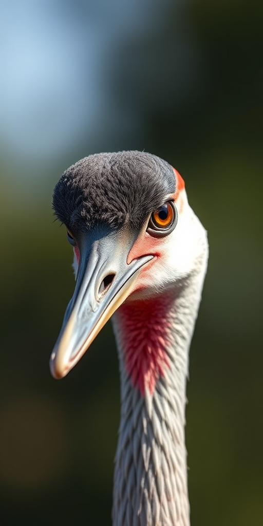 Create a high-resolution close-up of a sandhill crane's head, using a 50mm lens, aperture f/2.8, ISO 200, capturing intricate details of feathers and colors with a shallow depth of field, in natural light, using a DSLR camera.
