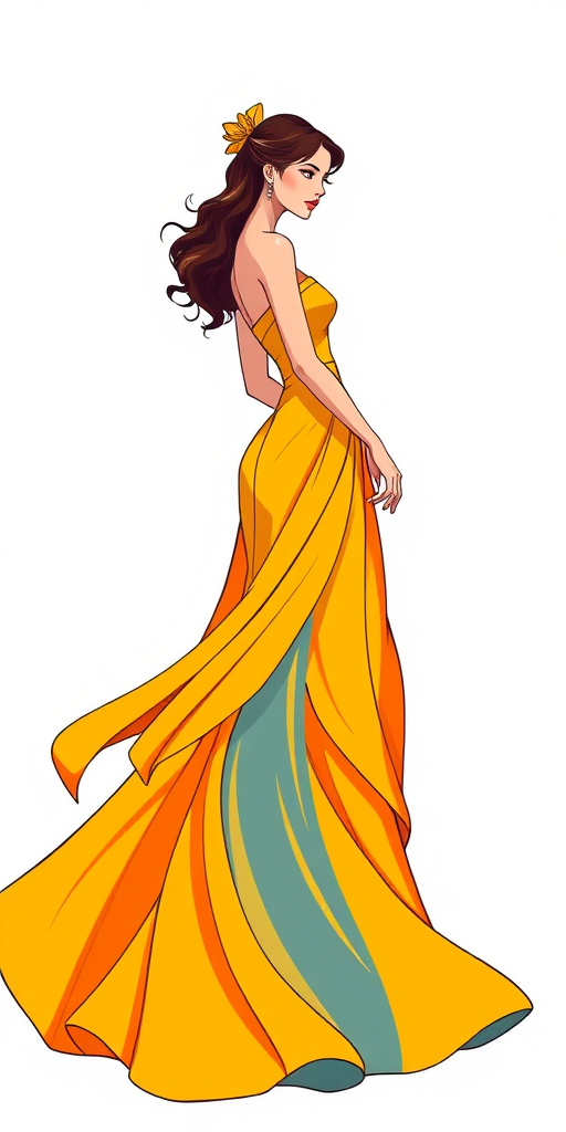 Generate a vibrant, stylized illustration of a woman in a flowing, elegant gown with bold colors like yellow and orange, using high-resolution vector graphics, with a focus on dynamic poses and smooth lines, captured with a digital camera setting of f/8 aperture, ISO 100, 1/250s shutter speed, shot in portrait mode for enhanced detail and clarity.