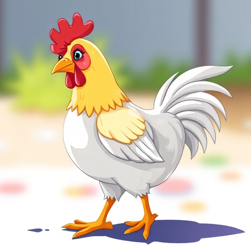Create a high-resolution illustration of a cartoon chicken standing sideways, using a digital painting style with vibrant colors, set in a 4K resolution, with a focal length of 50mm and an aperture of f/2.8 for a soft background blur.
