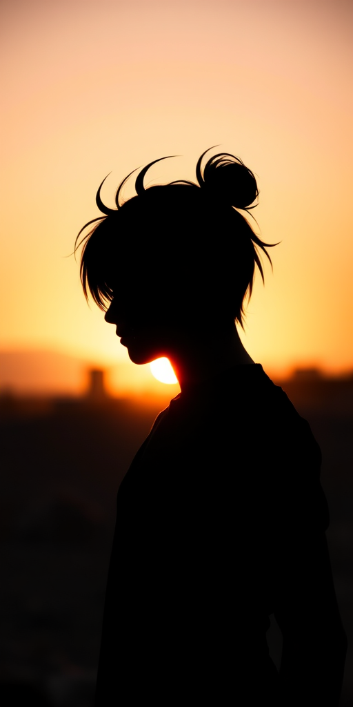 A high-quality monochromatic silhouette of a character with intricate details, captured with a Canon EOS R5 camera, 50mm lens, f/1.8 aperture, ISO 100, at sunset with dramatic lighting and a soft focus background.
