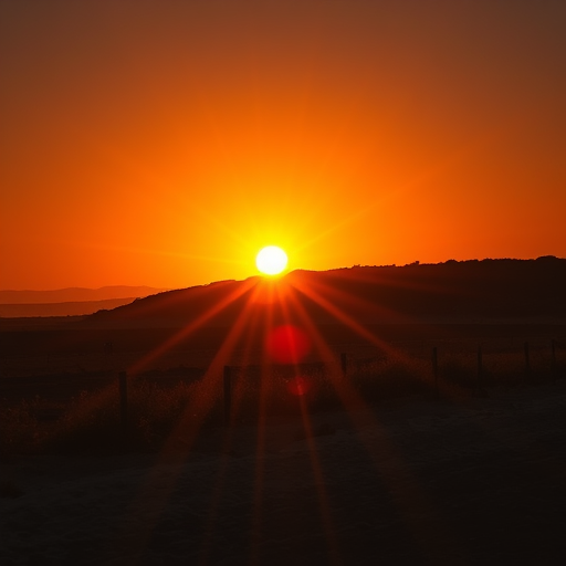 generate a vibrant sunrise with dramatic rays radiating from the sun, captured with a Canon EOS 5D Mark IV, focal length 24mm, aperture f/8, ISO 100, shot from a low angle to enhance depth and perspective, using HDR photography techniques for improved dynamic range