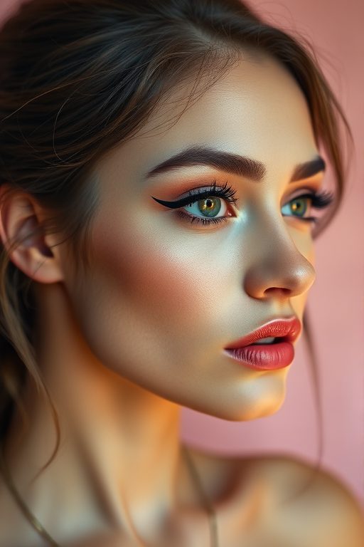 High-resolution portrait of a woman with artistic makeup, soft pastel background, natural lighting, 50mm lens, f/2.8 aperture, ISO 100, portrait view, digital camera.