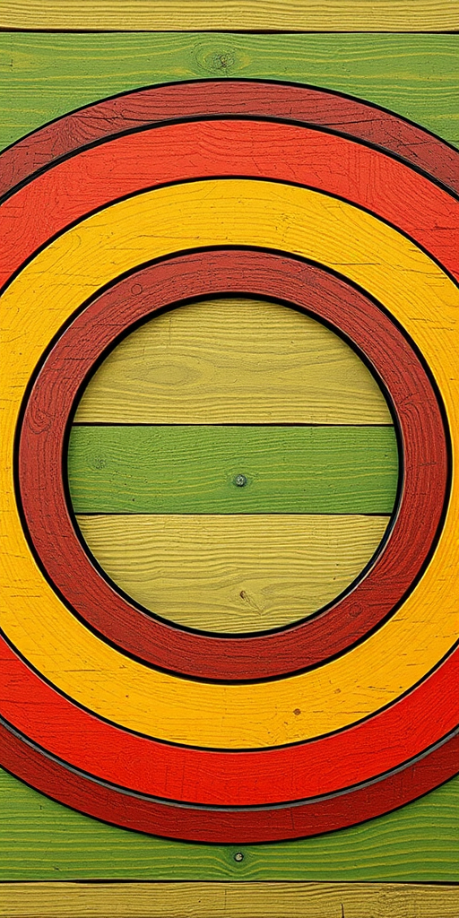 Generate an image of a circular pattern with horizontal stripes in red, orange, yellow, green, and teal colors, using a Canon EOS R5, f/8 aperture, 1/60s shutter speed, ISO 100, top-down view, with high-resolution texture detail for a vintage wood appearance.