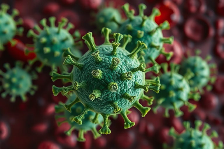 microscopic view of green viruses with detailed textures in a blood-like environment, shot with a macro lens at f/2.8, ISO 100, 1/200s shutter speed, using a Canon EOS 90D with a 100mm macro lens, high-resolution, bright lighting for clarity and contrast.