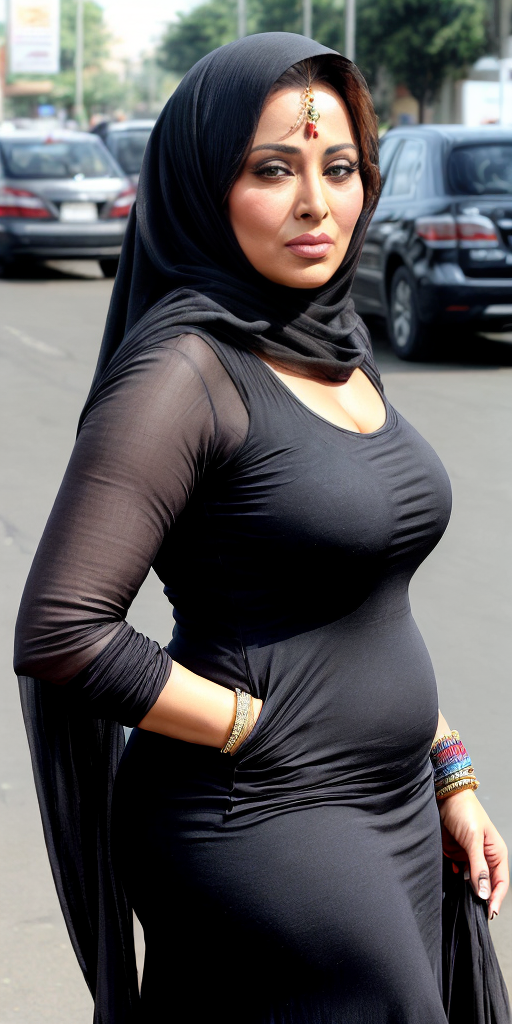Free Ai Image Generator - High Quality and 100% Unique Images -  —  Curvaceous and Chubby Pakistani school "Mahima Chaudhary" aged  36, thin tight black hijab shalwar kameez, serious expression face