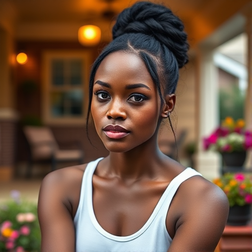 A photo of Lupita Nyong'o with a background of a cozy porch. She has dark hair pulled back in an updo, with tendrils framing her face. She wears a white tank top and sits on the porch. The porch is part of a well-lit home with a warm, earthy tone and colorful flowers and foliage. The overall scene has a warm, welcoming, and comfortable ambiance.