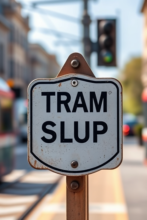 Create an image of a tram warning sign with high contrast and clarity, using a Canon EOS 5D Mark IV, f/8 aperture, ISO 100, 24mm lens, centered composition, natural lighting, and a shallow depth of field to enhance the sign's visibility against a blurred background.