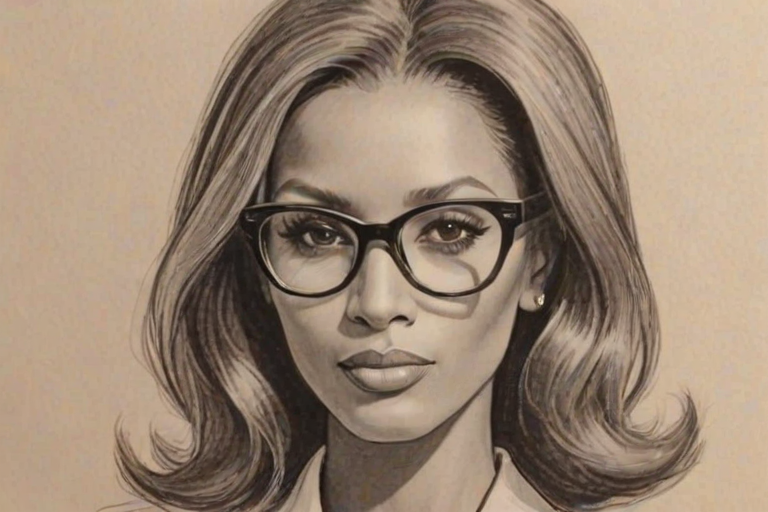 Superb Iman, pencil sketch, portrait of Radiant woman 1966s in glasses, hair style beatnik, outline, clear lines, fine lines, 8k