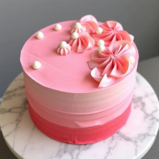A beautifully decorated cake with a smooth pink ombre frosting design featuring swirls of light pink and coral rosettes on top along with small dollops of white frosting, placed on a round marble cake stand.