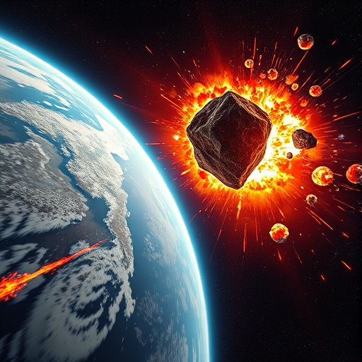 A dynamic cosmic scene depicting an asteroid hurtling toward Earth with vibrant explosions, rich colors, and detailed textures, captured using a DSLR camera at ISO 100, f/8, 1/1000s, wide-angle lens, and a low angle view to emphasize depth and movement.