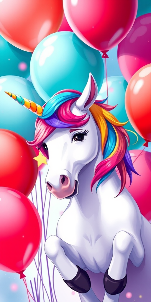 Create a vibrant digital illustration of a unicorn with a rainbow mane, dabbing playfully, surrounded by a cluster of colorful balloons in red and teal, captured in a bright, high-resolution style with a soft-focus background, using a digital drawing tablet, high contrast, and vivid colors.
