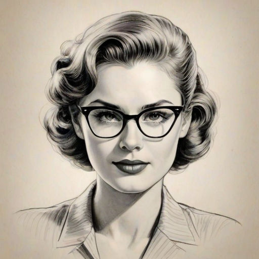 Magnificent Eden Brolin, pencil sketch, portrait of Ravishing woman 1943s in glasses, hair style beatnik, outline, clear lines, fine lines, 8k