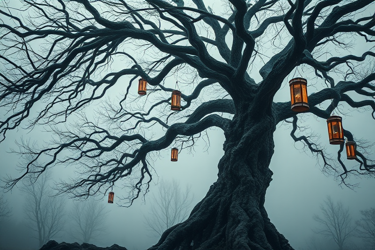 Create an ethereal landscape featuring a gnarled, towering tree with intricate, twisted branches, adorned with hanging lanterns, set against a misty, overcast background, captured with a DSLR camera at f/2.8, ISO 100, 24mm focal length, using a wide-angle lens for depth and a soft focus effect to enhance the haunting atmosphere.