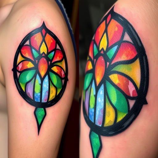Stained glass tattoo named "Radiant Sanctuary" featuring vibrant colors separated by bold black lines, mimicking the appearance of a stained glass window with a play of light and shadow on the skin