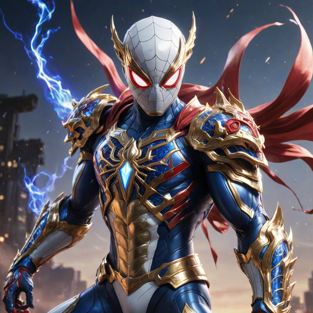 A high-budget, anime-style wallpaper featuring Spiderman in an epic White, blue red Kirin armor. Golden dragon gloves, the gloves is in the shape of dragon heads, Golden dragon head gloves, White glossy eyes, The armor is designed with metallic details that reflect light, showcasing intricate Kirin motifs. Spiderman's armor is a striking gradient of blue, red and white, with Colorful galaxy inner sections, making it look both powerful and sleek. The background is flat white, with Kirin-shaped blue-violet glowing rune relic to give the impression power, striking pose, the Kirin's armor is dominantly in white, with some details in blue and red, Cinematic anime action scene, cinematic action pose, medium shot action portrait, dramatic effect of shadow and light.
