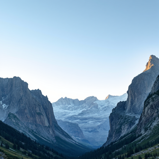 mountain landscape illustration with sharp peaks and soft gradient sky, captured with a DSLR camera, ISO 100, f/8 aperture, 24mm focal length, shot from a low angle to emphasize height and depth, using HDR imaging for enhanced detail and contrast