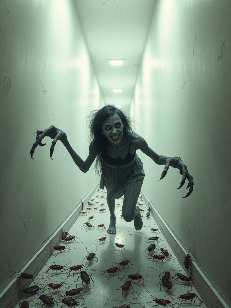 a crooked female with long arms and a creepy smile is crawling along a long white corridor and you can also see cockroaches in it there is a creepy atmosphere creepy art style