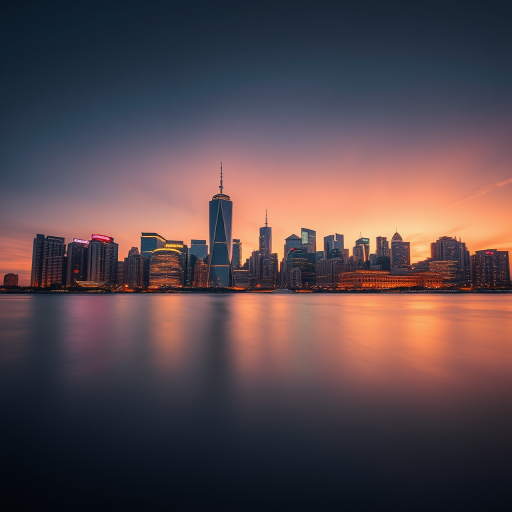 Capture a stunning skyline view of a modern city at dusk with a long exposure setting of 10 seconds, f/11 aperture, ISO 100, using a full-frame DSLR camera, wide-angle lens, and a tripod for stability to enhance image quality and achieve smooth water reflections.