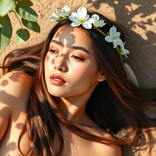 create a watercolor painting of an ethereal portrait of beautiful Native American woman with a simple white flower crown on her head. Her hair is long and she is lying on the ground. The sunlight on the trees casts shadows from the leaves on her face and body. The background is a neutral brown color that matches her skin tone. The image is minimalist and solid colors. This style is characterized by soft, delicate brushstrokes and a light, airy, contrasting color palette. High level of detail and play of light