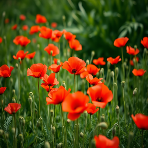 capture a field of vibrant red poppies amidst lush green foliage with a shallow depth of field f/2.8, 50mm lens, natural light, DSLR camera, close-up view
