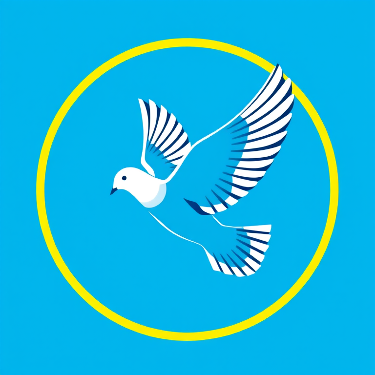 Create a vibrant logo of a dove in flight against a bright blue circular background with a yellow border, capturing it with a DSLR camera at f/2.8, ISO 100, 50mm lens, in high dynamic range photography style, ensuring sharp details and vivid colors.