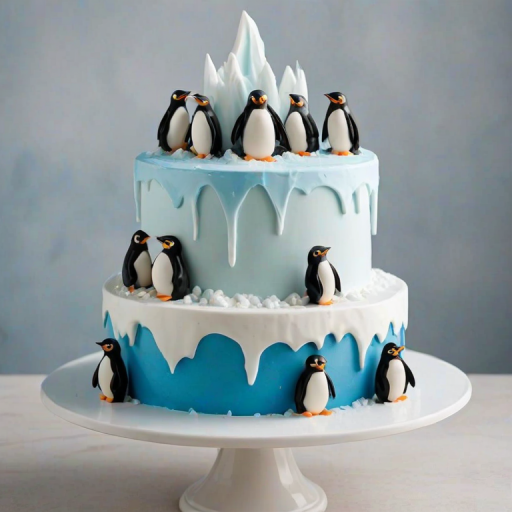 Create an image of a cake designed to resemble an iceberg, featuring several cute penguins on top. The cake should be covered in a smooth, light blue fondant to mimic ice, with a glossy finish. The penguins should be small and made of fondant, with black and white coloring, positioned playfully on the cake. Include a small piece of ice and a few penguins peeking out from behind the iceberg for added detail. The cake should be displayed on a simple white cake stand against a neutral background.