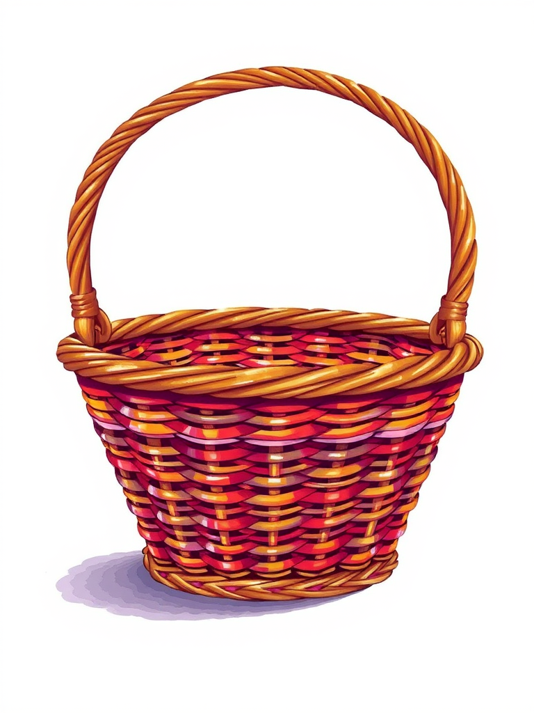Create a detailed illustration of a wicker basket with two handles, showcasing its texture and woven design in vibrant colors, captured with a 50mm lens at f/2.8, ISO 100, and a soft focus background to enhance the image quality, using a DSLR camera style.