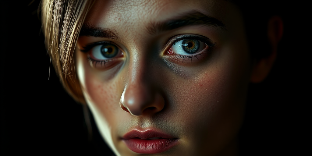 Create a high-contrast portrait of a person with prominent eyes, using a DSLR camera with a 50mm lens at f/1.8, ISO 100, shutter speed 1/200s, captured in soft diffused lighting from the side, emphasizing the facial features against a dark background.