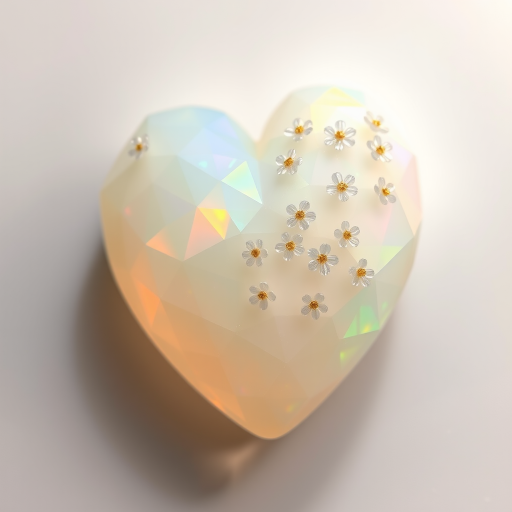 a human heart made of facet cut opal crystal, decorated with small crystal flowers, pastel colors, fine subtle gold details, white background, small drop shadow, beautiful light incidence, prism.