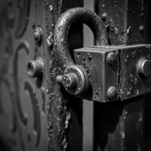 Capture a close-up shot of a rusty gate lock with intricate details using a DSLR camera, 50mm lens, f/2.8 aperture, ISO 100, natural lighting, and shallow depth of field to emphasize the textures and contrasts in black and white.