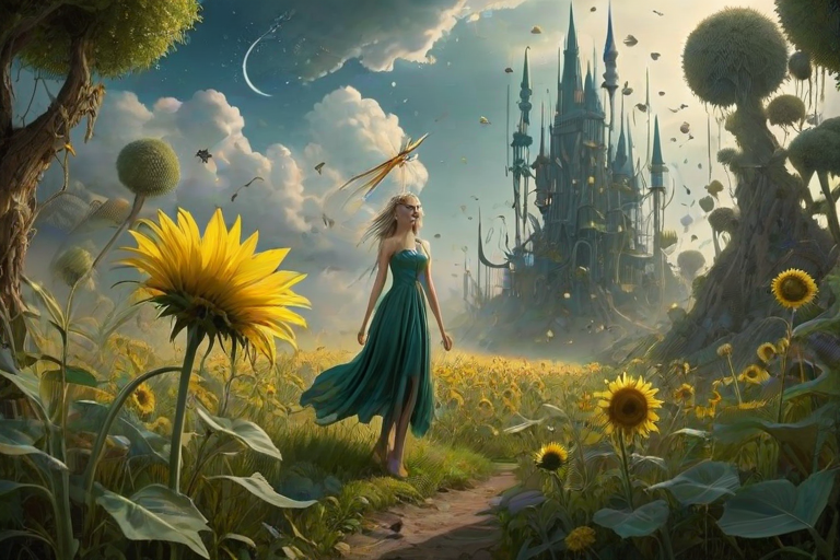 A surreal allegory featuring ethereal fairies, towering sunflowers, and an enigmatic witch, all set within a dreamlike landscape. The scene is dominated by a colossal dandelion, its delicate seeds floating through the air, reminiscent of Yves Tanguy's abstract forms. The environment is a blend of otherworldly elements and natural beauty, with twisted, elongated shapes and surreal colors that evoke a sense of mystery and enchantment.