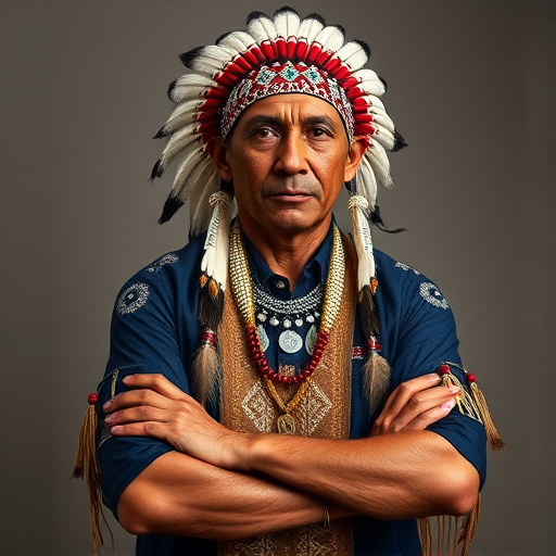 Create a dignified portrait of a Native American man dressed in traditional attire. He wears a beautifully crafted headdress adorned with white feathers and red beads, along with a beaded headband featuring intricate patterns. His clothing includes a deep blue, patterned shirt and a traditional chest piece with detailed beadwork. His arms are crossed, displaying leather armbands decorated with feathers. The background is simple and neutral, emphasizing his proud and stoic expression. The overall image captures the rich cultural heritage and strength of his persona.