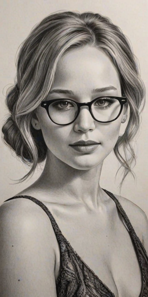 Enchanting Jennifer Lawrence, pencil sketch, portrait of Gorgeous woman 1962s in glasses, hair style beatnik, outline, clear lines, fine lines, 8k