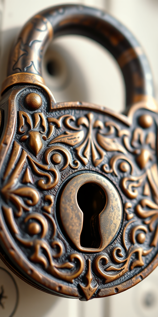Capture a close-up of an ornate bronze padlock with intricate engravings and a keyhole, using a DSLR camera at f/2.8 aperture, ISO 100, 50mm lens, in natural light to enhance texture and detail.