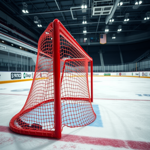 generate a high-quality image of a red hockey goal with a net, shot with a DSLR camera at f/2.8, ISO 100, 1/200s, using a wide-angle lens, in a well-lit indoor rink setting