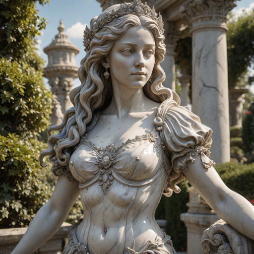 beautiful renaissance princess marble statue decorated with silver ornaments, standing in the sun (marble garden: 1.2), surrounded by topiaries, intricate curly hair, flawless marble skin, (weathered marble texture:1.35), detailed eyes, masterpiece, best quality, intricate details, high detail RAW color photo, very detailed, glorious lighting, cinematic lighting, contrast, bright light, gigapixel, 8k resolution, film, octane rendering, unreal, high definition, 8k uhd, professional lighting, photon mapping, radiosity, physically based rendering, award-winning photography, backlight, Photorealistic, Light particle tracing, vivid color, Obvious layers,Photography Award