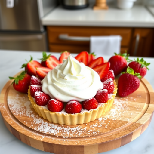 A beautifully crafted strawberry tart topped with whipped cream and dusted with powdered sugar, placed on a wooden serving platter, with fresh strawberries on the side and a bright kitchen background.