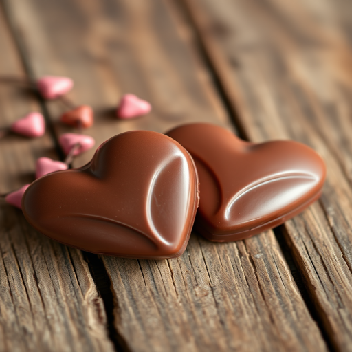 high-quality close-up of two chocolate hearts on a rustic wooden surface with a decorative string of heart-shaped beads, soft natural lighting, f/2.8 aperture, 35mm lens, DSLR camera