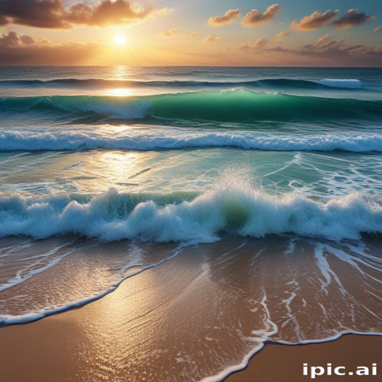 Serene Sunset Over Waves Gently Crashing on a Sandy Beach Shore