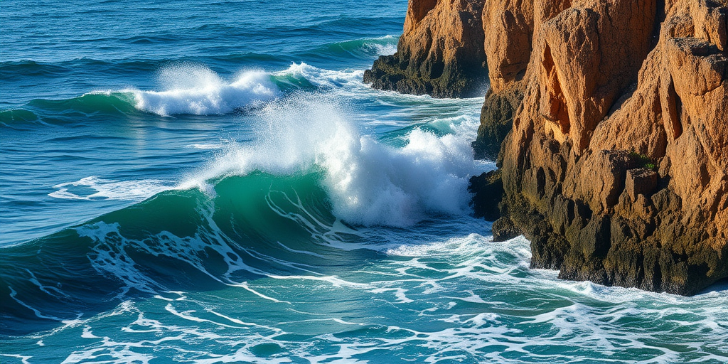 Capture a dynamic seascape featuring crashing waves against rugged rocky cliffs, with a Canon EOS R5 camera, 24-70mm lens at f/8, ISO 100, 1/500s shutter speed, and a slight wide-angle view to enhance depth and drama in natural lighting.