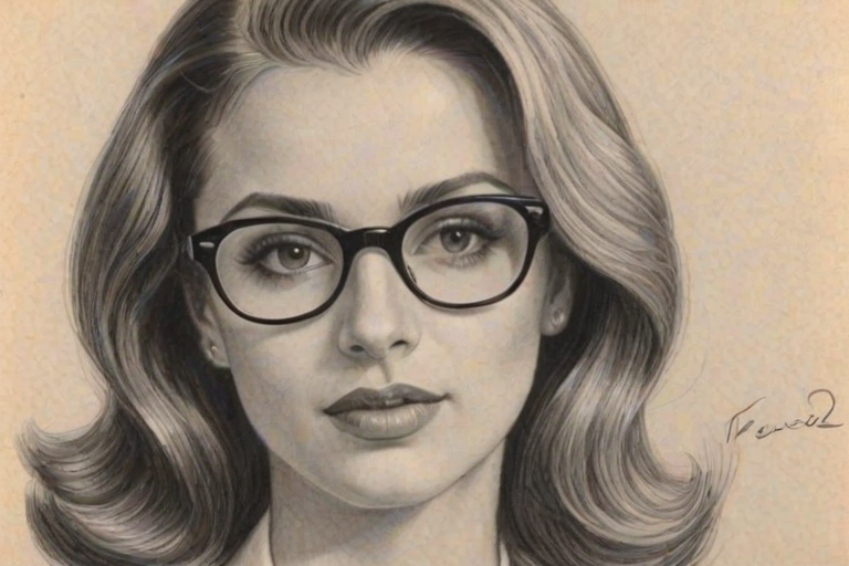 Lovely Freddie Prinze Jr., pencil sketch, portrait of Dazzling woman 1943s in glasses, hair style beatnik, outline, clear lines, fine lines, 8k