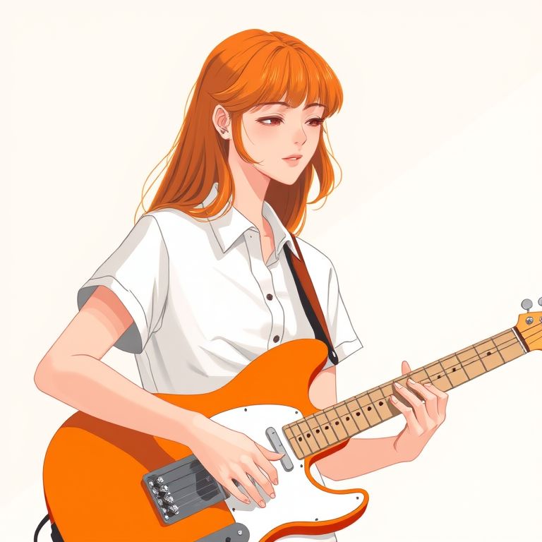 Regenerate an illustration of a woman with orange hair playing an orange guitar, wearing a white button-up shirt, in a minimalist style, with soft lighting; use a DSLR camera, focal length of 50mm, aperture f/1.8, shutter speed 1/125s, ISO 100, with a shallow depth of field for enhanced image quality.